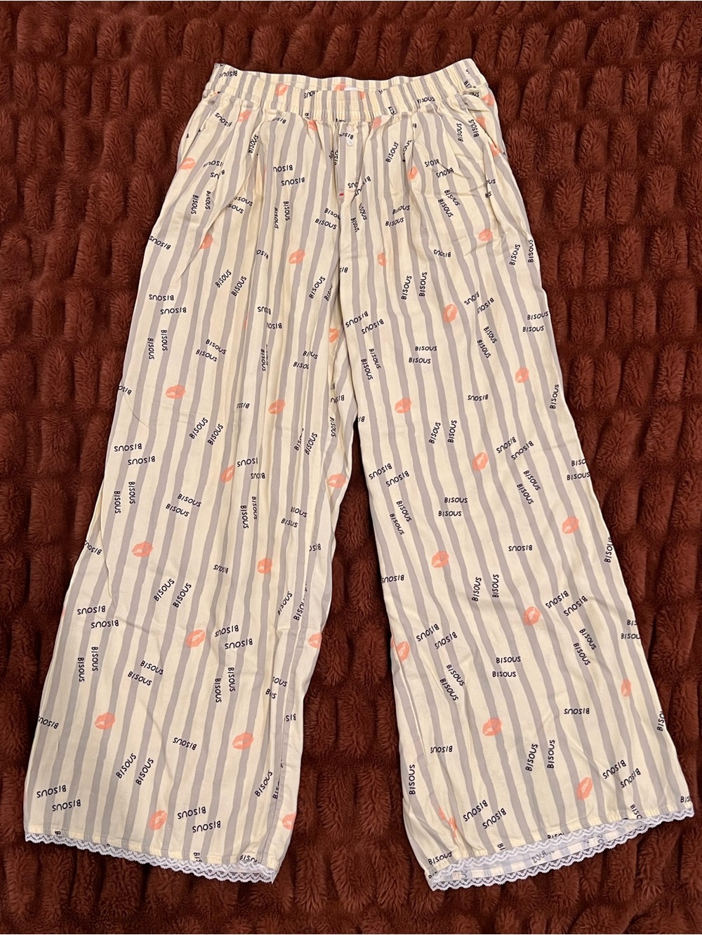 aerie Yellow and Gray Striped Wide-Leg Pajama Pants with Peach Accents